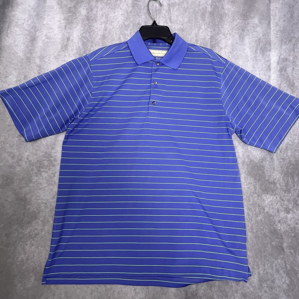 DONALD ROSS Golf Shirt Medium Short Sleeve Blue w/Green Stripe‎ Polyester